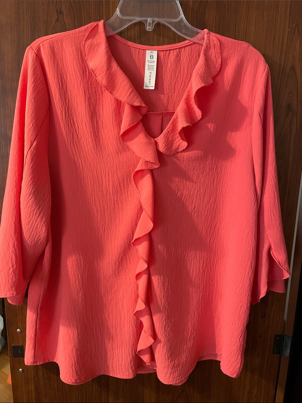 Coral-Pink Ruffle V-Neck Blouse XL